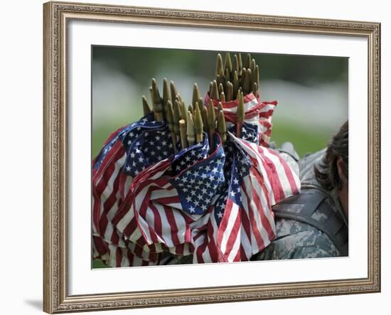 An Army Soldier's Backpack Overflows with Small American Flags-Stocktrek Images-Framed Photographic Print