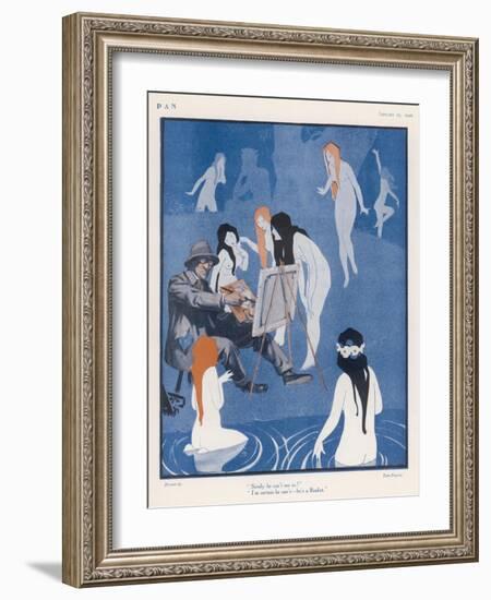 An Artist Paints a Dreary Beach Scene Unaware of the Water-Nymphs Disporting-Tom Purvis-Framed Art Print