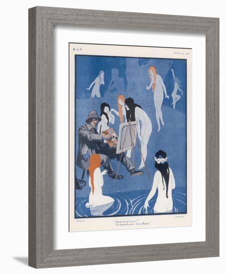 An Artist Paints a Dreary Beach Scene Unaware of the Water-Nymphs Disporting-Tom Purvis-Framed Art Print