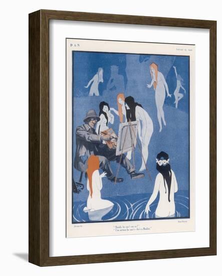 An Artist Paints a Dreary Beach Scene Unaware of the Water-Nymphs Disporting-Tom Purvis-Framed Art Print