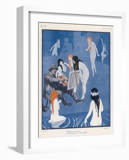 An Artist Paints a Dreary Beach Scene Unaware of the Water-Nymphs Disporting-Tom Purvis-Framed Art Print