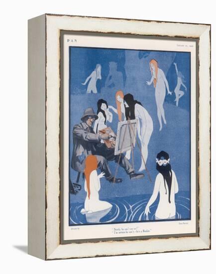 An Artist Paints a Dreary Beach Scene Unaware of the Water-Nymphs Disporting-Tom Purvis-Framed Stretched Canvas