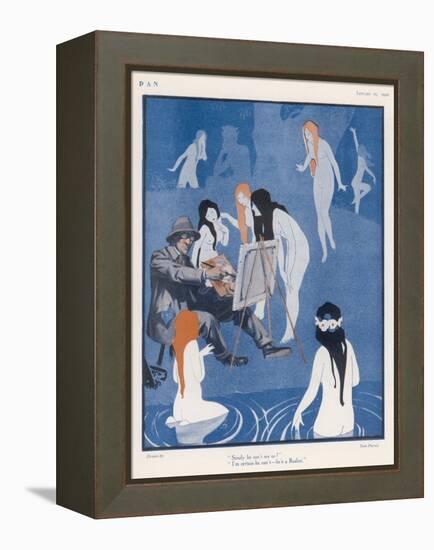 An Artist Paints a Dreary Beach Scene Unaware of the Water-Nymphs Disporting-Tom Purvis-Framed Stretched Canvas