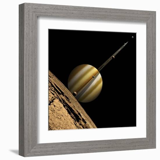 An Artist's Depiction of a Ringed Gas Giant Planet with Six Moons-null-Framed Art Print