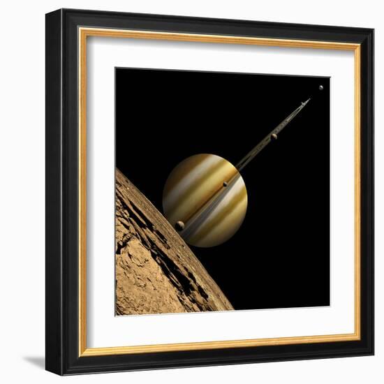 An Artist's Depiction of a Ringed Gas Giant Planet with Six Moons-null-Framed Art Print