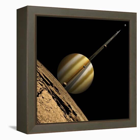 An Artist's Depiction of a Ringed Gas Giant Planet with Six Moons-null-Framed Stretched Canvas