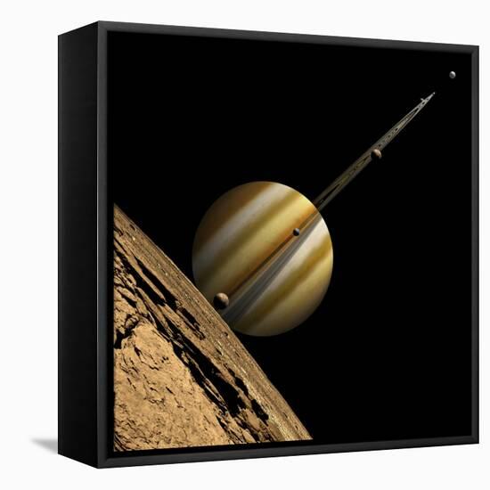 An Artist's Depiction of a Ringed Gas Giant Planet with Six Moons-null-Framed Stretched Canvas