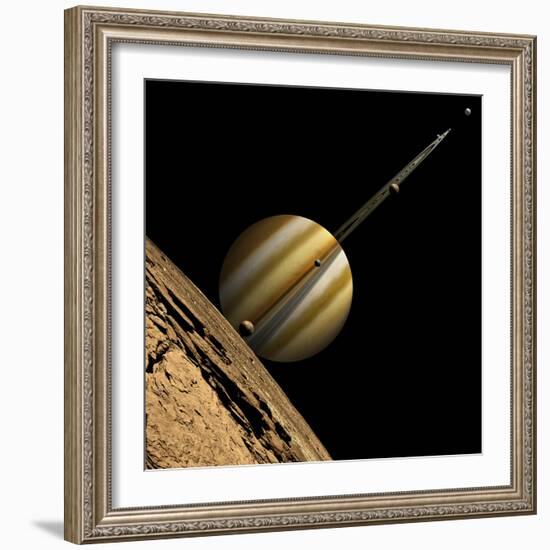 An Artist's Depiction of a Ringed Gas Giant Planet with Six Moons-null-Framed Premium Giclee Print