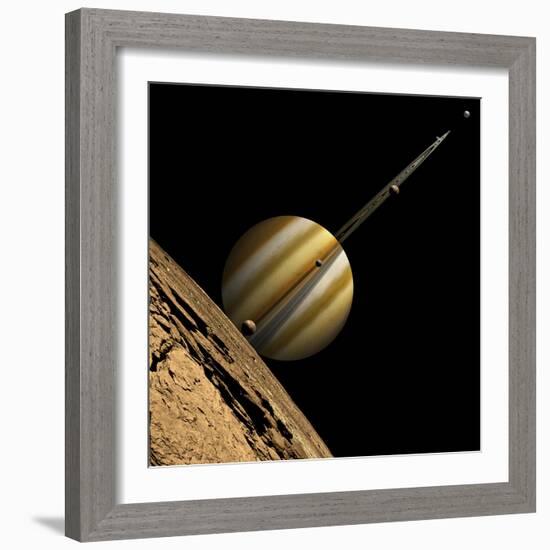 An Artist's Depiction of a Ringed Gas Giant Planet with Six Moons-null-Framed Premium Giclee Print