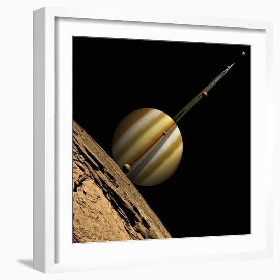 An Artist's Depiction of a Ringed Gas Giant Planet with Six Moons-null-Framed Premium Giclee Print