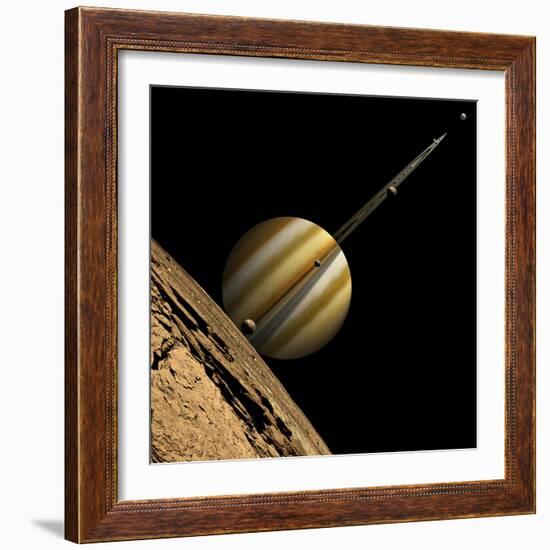 An Artist's Depiction of a Ringed Gas Giant Planet with Six Moons-null-Framed Art Print