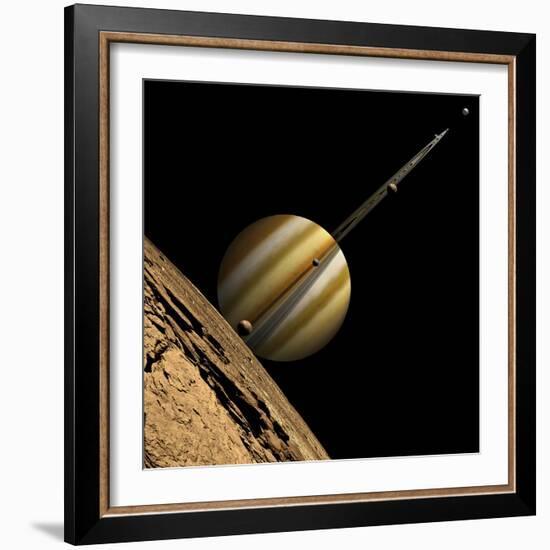 An Artist's Depiction of a Ringed Gas Giant Planet with Six Moons-null-Framed Art Print