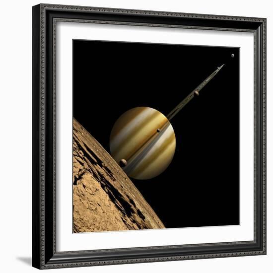 An Artist's Depiction of a Ringed Gas Giant Planet with Six Moons-null-Framed Art Print