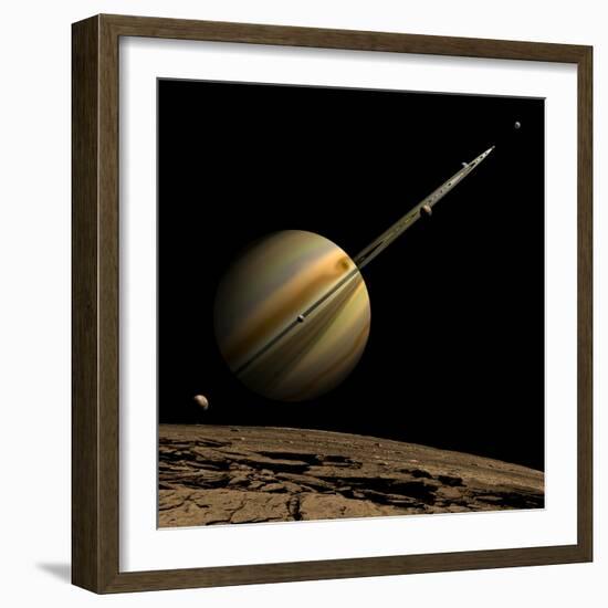 An Artist's Depiction of a Ringed Gas Giant Planet with Six Moons-null-Framed Premium Giclee Print