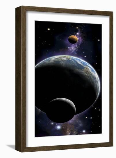 An Artist's Depiction of an Earth Type World with Two Orbiting Moons-null-Framed Art Print