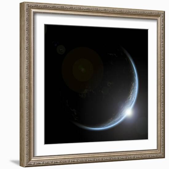 An Artist's Depiction of Sunrise over a Planet Viewed from Space-null-Framed Art Print