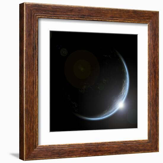 An Artist's Depiction of Sunrise over a Planet Viewed from Space-null-Framed Art Print