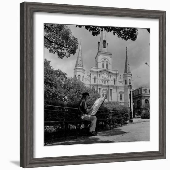 An Artist Sketches St. Louis Cathedral--Framed Photographic Print