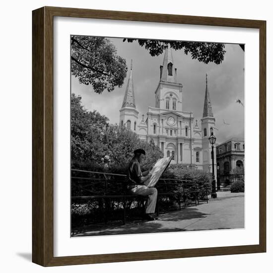 An Artist Sketches St. Louis Cathedral--Framed Photographic Print