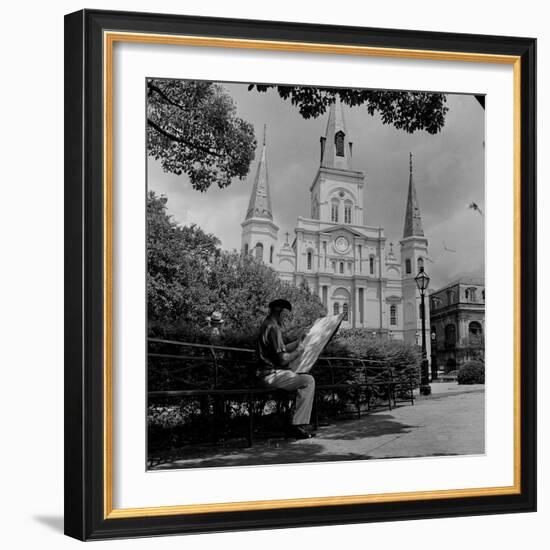 An Artist Sketches St. Louis Cathedral-null-Framed Photographic Print