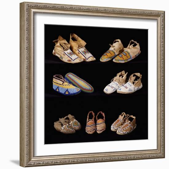 An Assortment of Arapaho, Crow, Western Sioux, Apache and Blackfeet Beaded Hide Moccasins-null-Framed Giclee Print