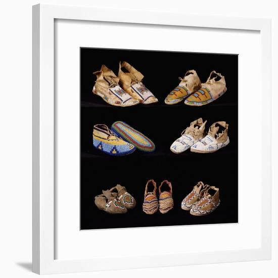An Assortment of Arapaho, Crow, Western Sioux, Apache and Blackfeet Beaded Hide Moccasins-null-Framed Giclee Print