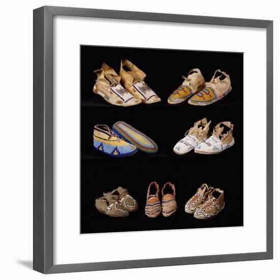 An Assortment of Arapaho, Crow, Western Sioux, Apache and Blackfeet Beaded Hide Moccasins-null-Framed Giclee Print