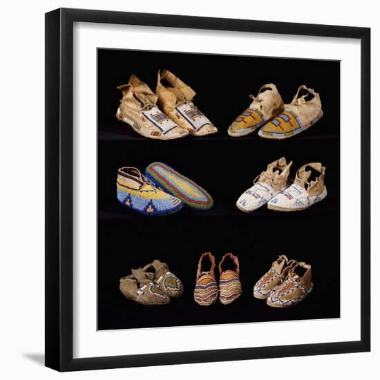 An Assortment of Arapaho, Crow, Western Sioux, Apache and Blackfeet Beaded Hide Moccasins-null-Framed Giclee Print