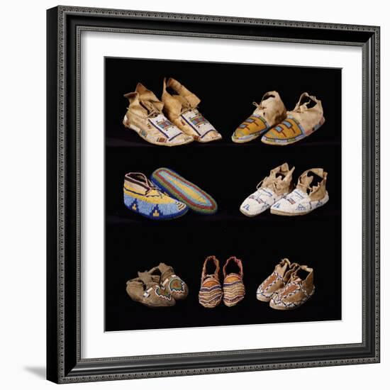 An Assortment of Arapaho, Crow, Western Sioux, Apache and Blackfeet Beaded Hide Moccasins-null-Framed Giclee Print