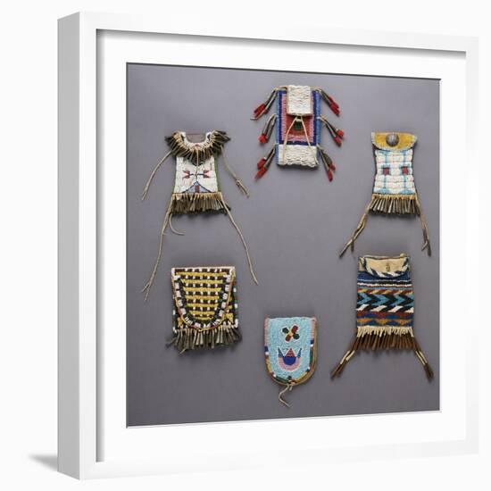 An Assortment of Kiowa, Sioux, Cheyenne, Crow, and Apache Beaded Hide Belt Pouches-null-Framed Giclee Print