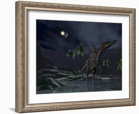 An Asteroid Impact on the Moon While a Spinosaurus Wanders in the Foreground-Stocktrek Images-Framed Photographic Print