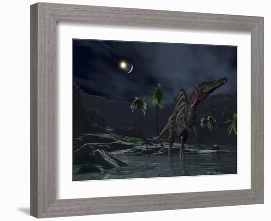 An Asteroid Impact on the Moon While a Spinosaurus Wanders in the Foreground-Stocktrek Images-Framed Photographic Print