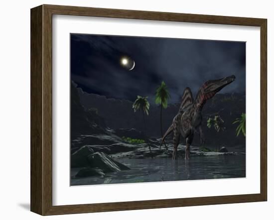 An Asteroid Impact on the Moon While a Spinosaurus Wanders in the Foreground-Stocktrek Images-Framed Photographic Print