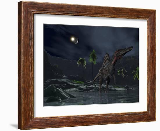 An Asteroid Impact on the Moon While a Spinosaurus Wanders in the Foreground-Stocktrek Images-Framed Photographic Print