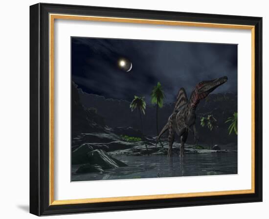 An Asteroid Impact on the Moon While a Spinosaurus Wanders in the Foreground-Stocktrek Images-Framed Photographic Print