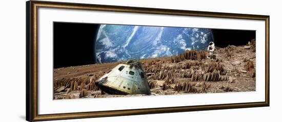 An Astronaut Surveys His Situation on a Barren and Rocky Moon-Stocktrek Images-Framed Art Print