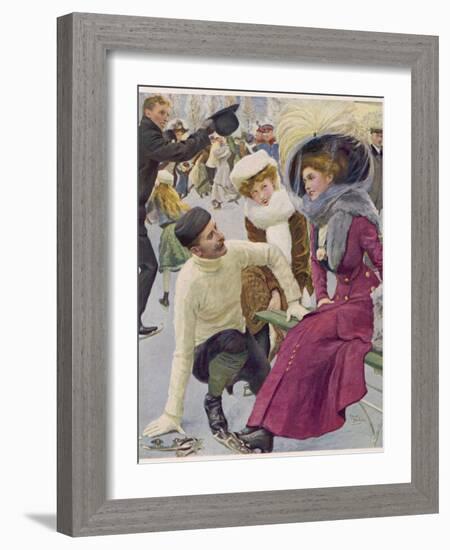 An Attentive Fellow Kneels and Enquires as to the Health of His Charming Companion-Oscar Bluhm-Framed Photographic Print