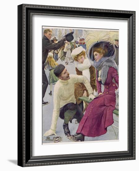 An Attentive Fellow Kneels and Enquires as to the Health of His Charming Companion-Oscar Bluhm-Framed Photographic Print