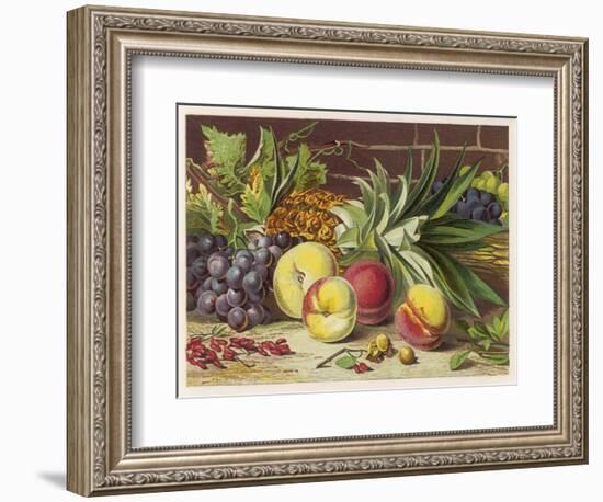 An Attractive Display of Peaches Grapes and a Large Pineapple-null-Framed Art Print