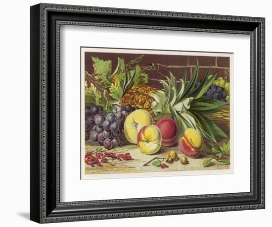 An Attractive Display of Peaches Grapes and a Large Pineapple-null-Framed Art Print