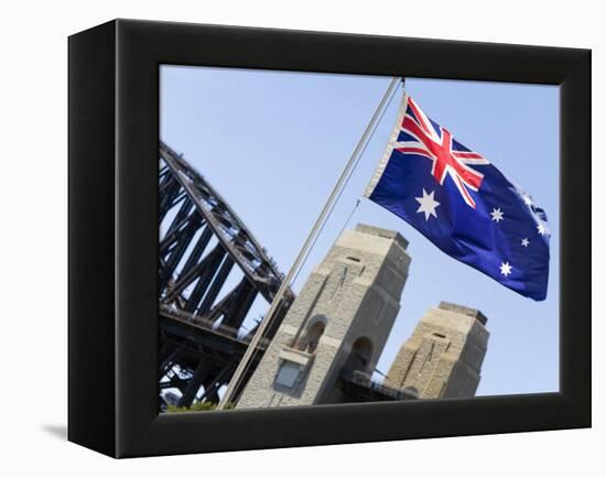 An Australian Flag Flutters in Breeze in Front of Iconic Sydney Harbour Bridge, Sydney-Andrew Watson-Framed Premier Image Canvas