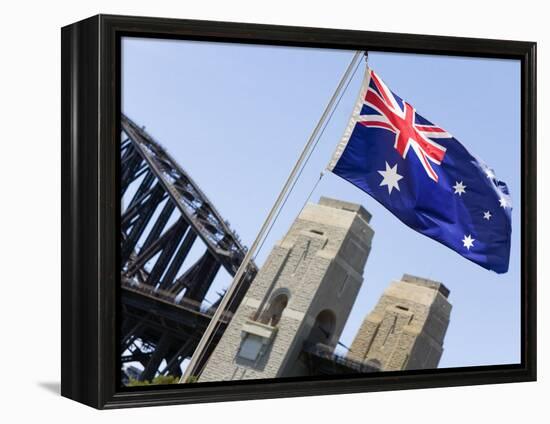 An Australian Flag Flutters in Breeze in Front of Iconic Sydney Harbour Bridge, Sydney-Andrew Watson-Framed Premier Image Canvas