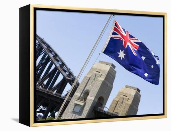 An Australian Flag Flutters in Breeze in Front of Iconic Sydney Harbour Bridge, Sydney-Andrew Watson-Framed Premier Image Canvas