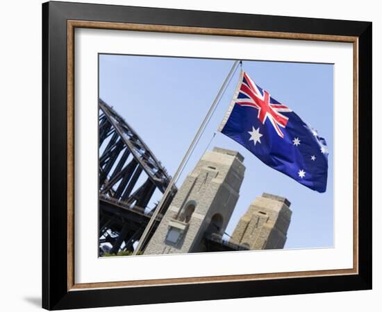 An Australian Flag Flutters in Breeze in Front of Iconic Sydney Harbour Bridge, Sydney-Andrew Watson-Framed Photographic Print