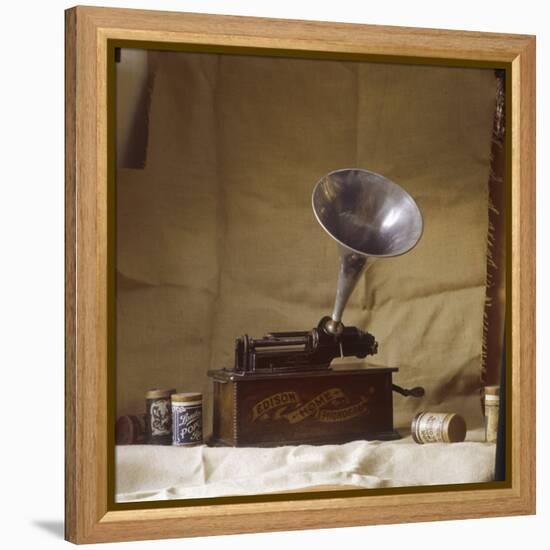 An Early Edison Phonograph Using Grooved Wax Cylinders Shown Beside the Instrument-null-Framed Premier Image Canvas