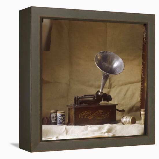 An Early Edison Phonograph Using Grooved Wax Cylinders Shown Beside the Instrument-null-Framed Premier Image Canvas