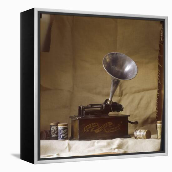 An Early Edison Phonograph Using Grooved Wax Cylinders Shown Beside the Instrument-null-Framed Premier Image Canvas