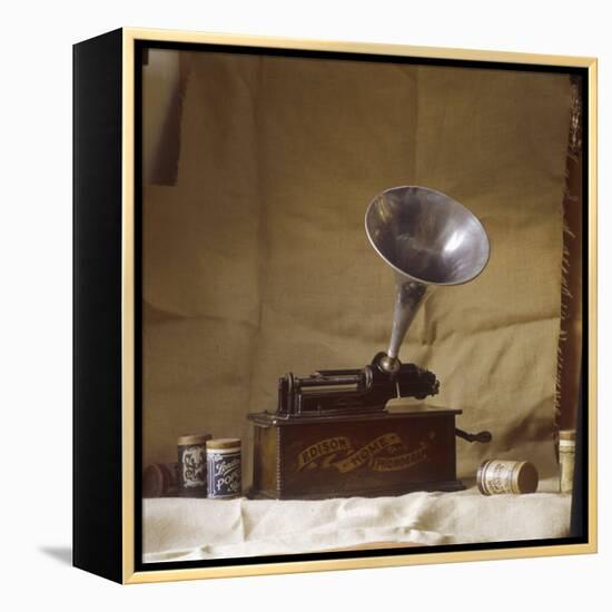 An Early Edison Phonograph Using Grooved Wax Cylinders Shown Beside the Instrument-null-Framed Premier Image Canvas