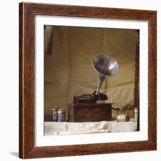 An Early Edison Phonograph Using Grooved Wax Cylinders Shown Beside the Instrument-null-Framed Photographic Print