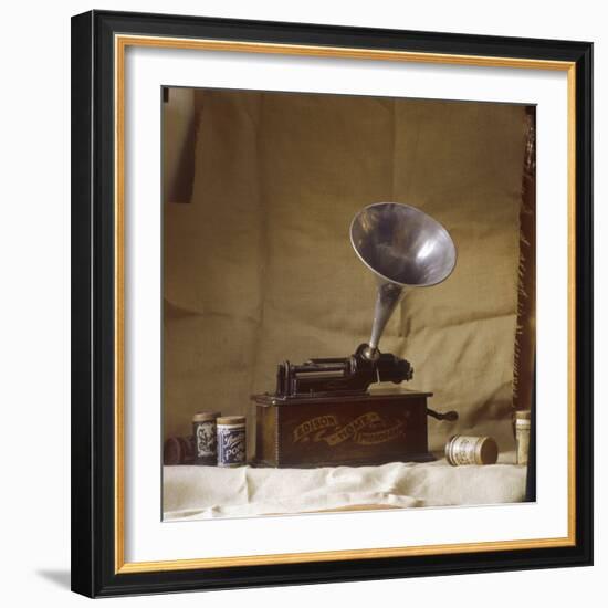 An Early Edison Phonograph Using Grooved Wax Cylinders Shown Beside the Instrument-null-Framed Photographic Print